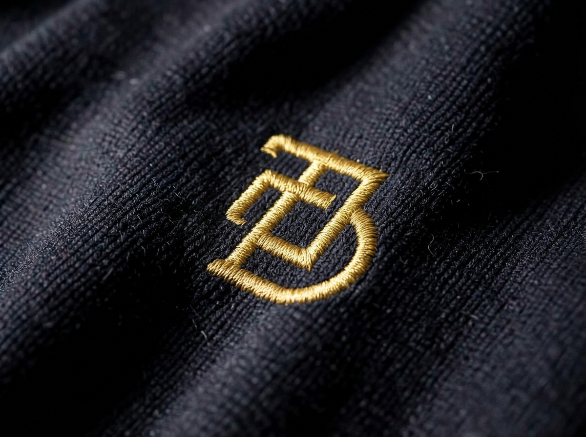 Gold thread emblem embroidered into dark cotton